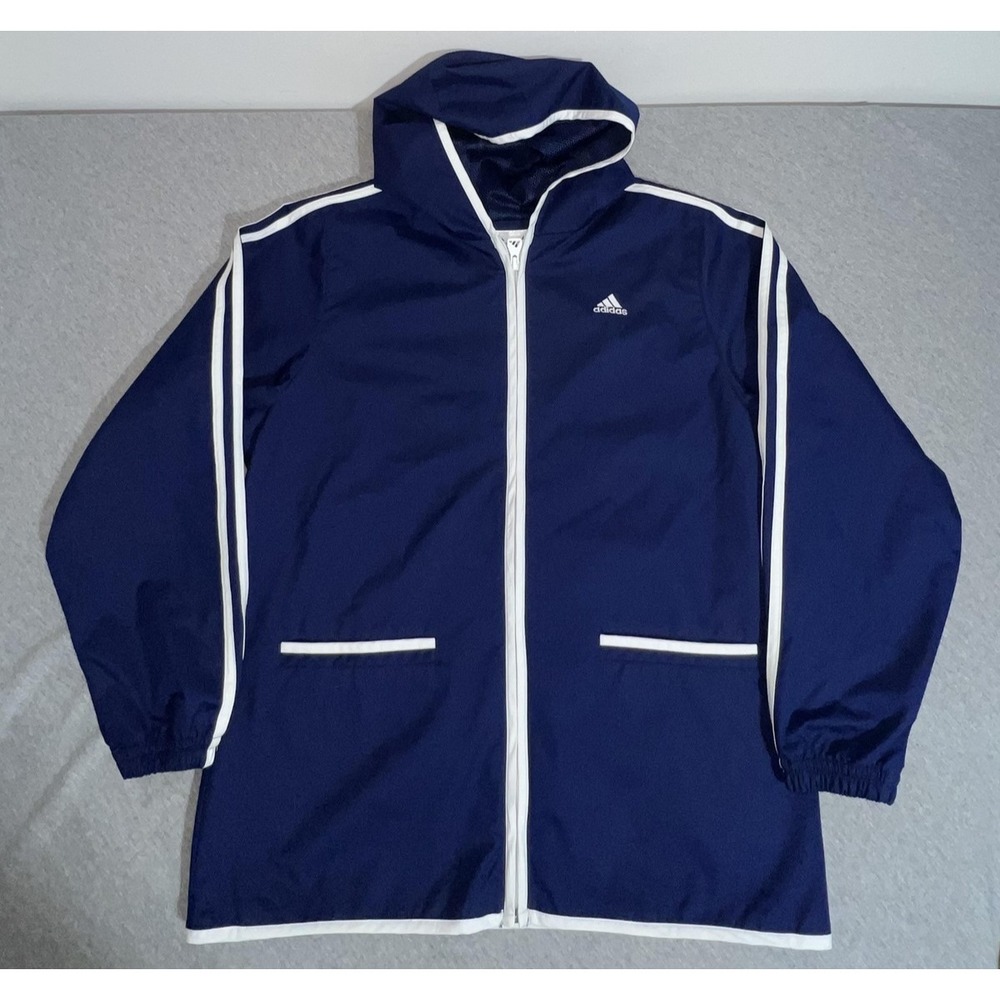 Adidas Jacket Girls XL Blue White Hooded Windbreaker Mesh Lined 3 Stripes